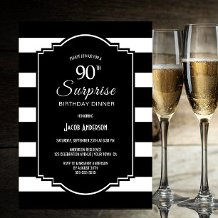 Invitación Cena de Black White Striped Sorpresa 90 cumpleaños