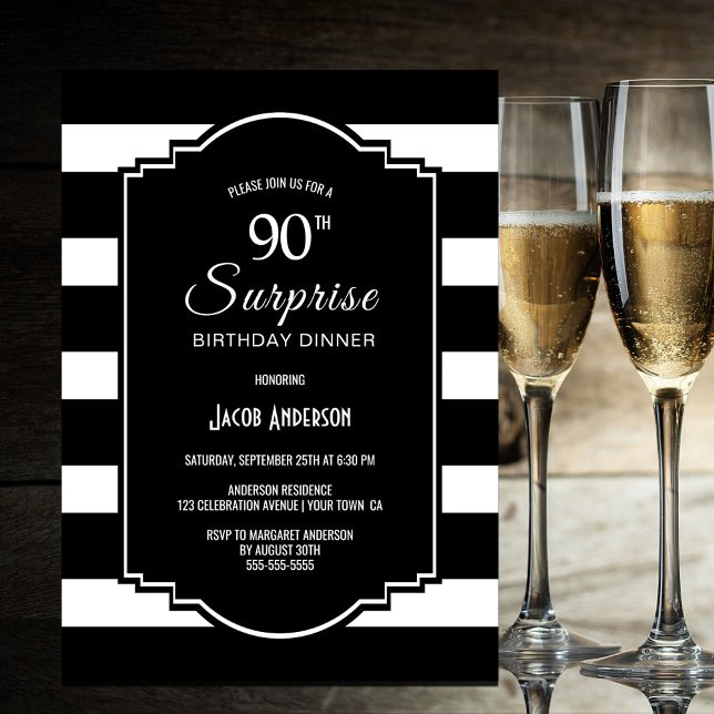Invitación Cena de Black White Striped Sorpresa 90 cumpleaños (Subido por el creador)