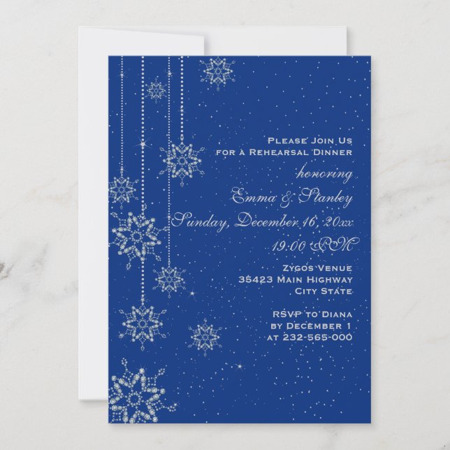 Invitación Cena de boda azul con copos de nieve de cristal (Anverso)