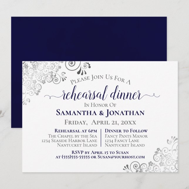 Invitación Cena de Boda azul de la Marina Elegante Frilly (Anverso / Reverso)