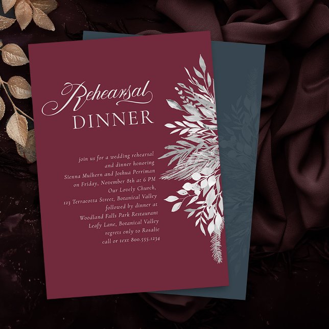Invitación Cena de Boda botánico borgoñón (Rehearsal Dinner invitation in Burgundy and Grey from the Foliage Duet Collection by Darling & May)
