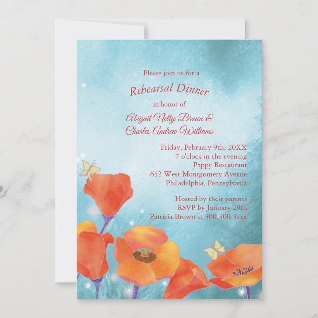 Invitación Cena de Boda con amapola roja (Anverso)