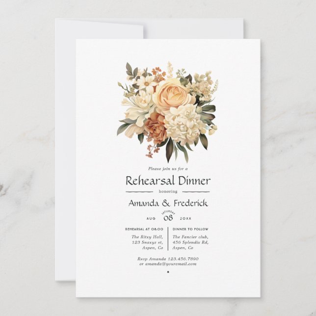 Invitación Cena de Boda con champagne y marfil floral (Anverso)