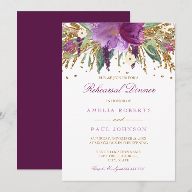 Invitación Cena de Boda de Ametría con Esparkling Floral (Anverso / Reverso)