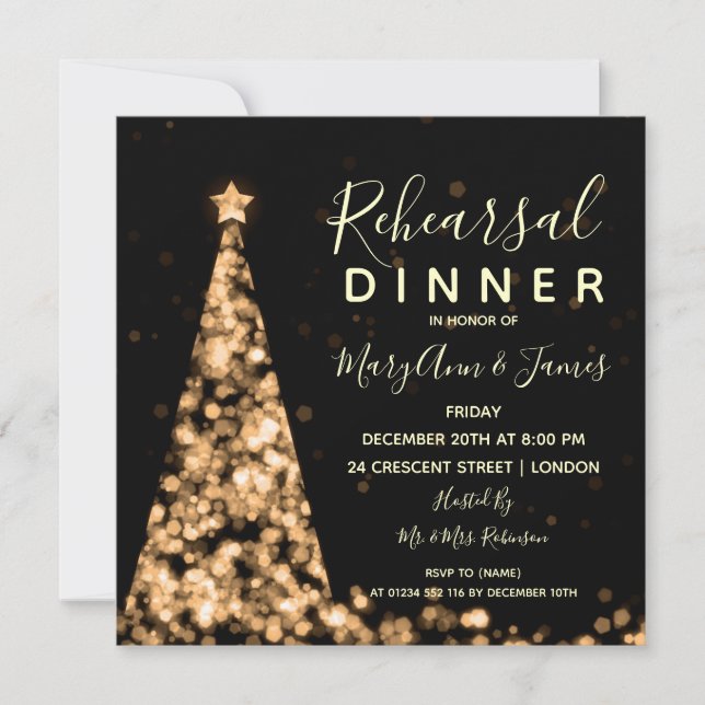 Invitación Cena de Boda de árbol de Navidad dorado (Anverso)