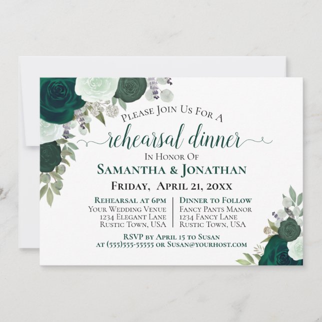 Invitación Cena de Boda de Boho Emerald Green Rosas (Anverso)