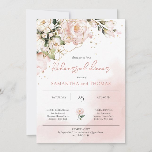 Invitación Cena de Boda de Boho floral rosa de Rubor (Anverso)