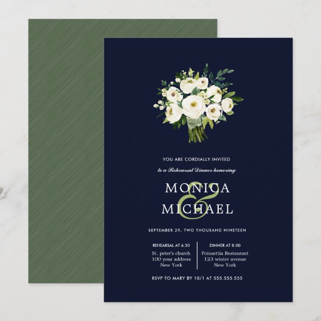 Invitación Cena de Boda de Bouquet azul en blanco (Anverso / Reverso)