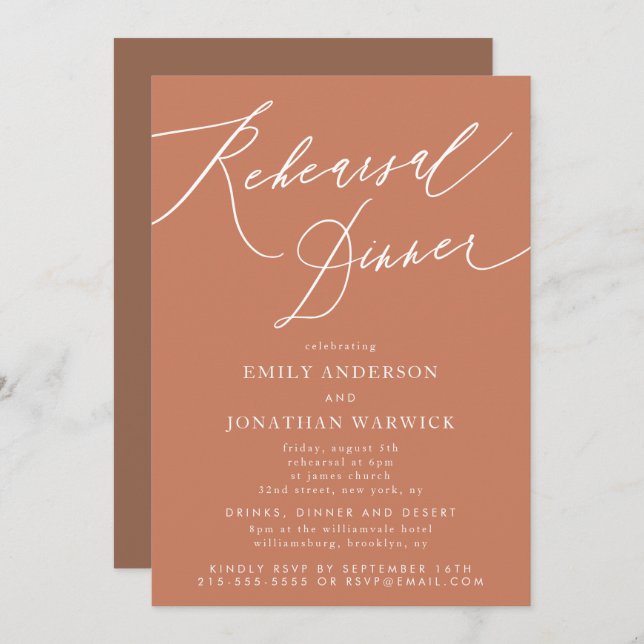 Invitación Cena de Boda de caligrafía de terracota (Anverso / Reverso)