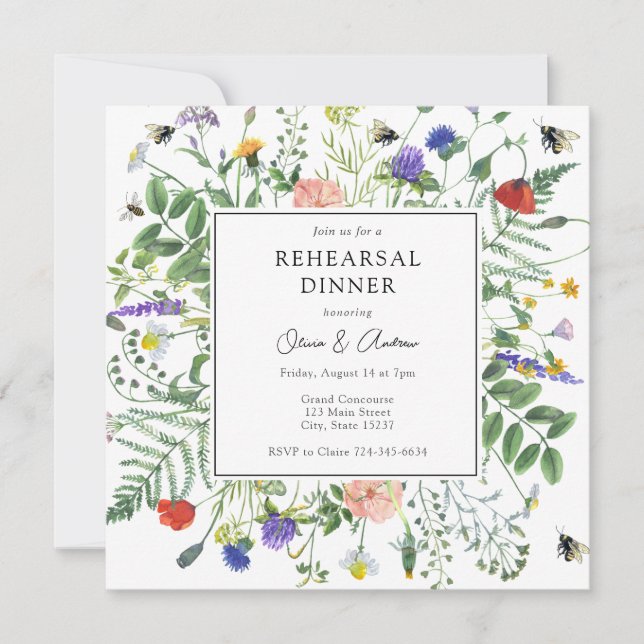 Invitación Cena de Boda de Campos de Flor Silvestre (Anverso)
