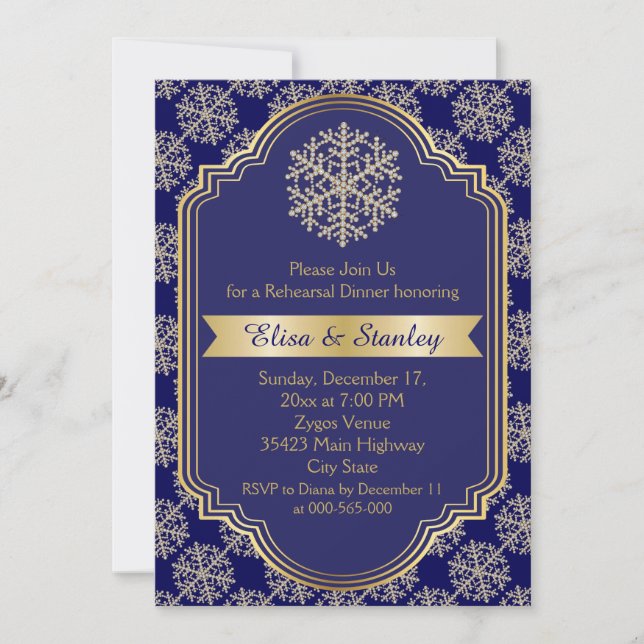 Invitación Cena de boda de copos de nieve azul dorado (Anverso)