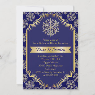 Invitación Cena de boda de copos de nieve azul dorado