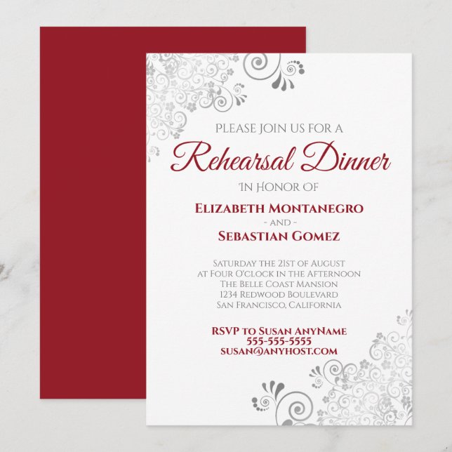 Invitación Cena de Boda de Curls de Plata Roja y Blanca (Anverso / Reverso)