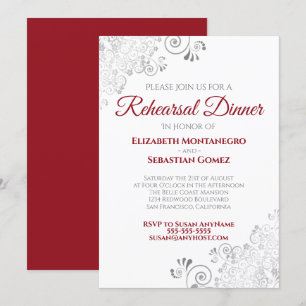 Invitación Cena de Boda de Curls de Plata Roja y Blanca