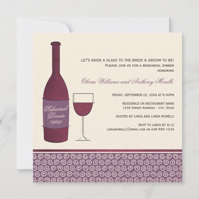 Invitación Cena de Boda de degustación de vino rojo de Borgoñ (Anverso)
