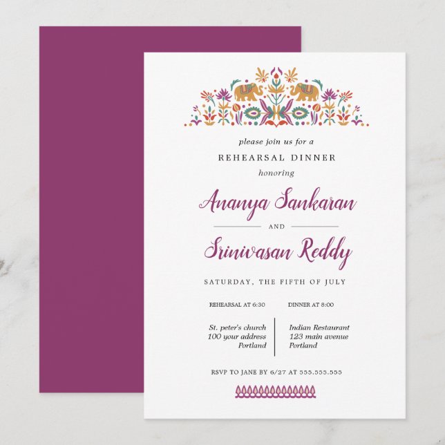 Invitación Cena de boda de Elefantes de Flor de la India (Anverso / Reverso)