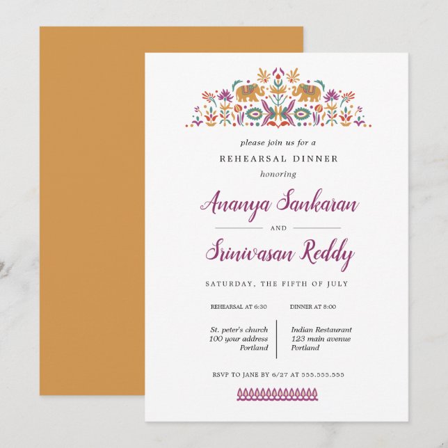 Invitación Cena de boda de Elefantes de Flor de la India (Anverso / Reverso)