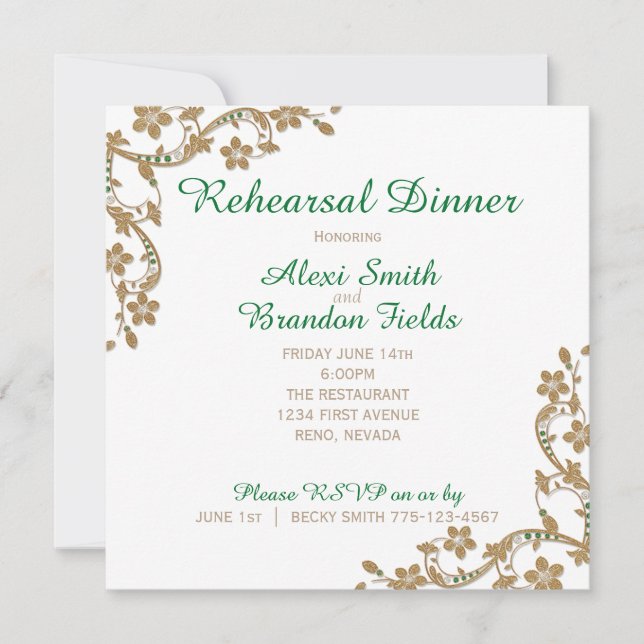 Invitación Cena de Boda de Esmeralda y Oro (Anverso)