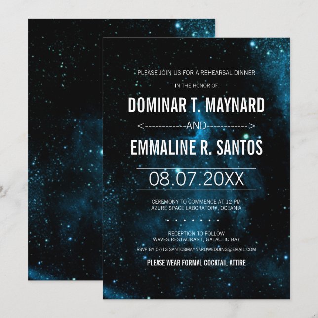 Invitación Cena de Boda de galaxia azul oscuro (Anverso / Reverso)