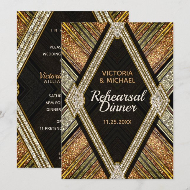 Invitación Cena de Boda de glamour de bronce Art Deco (Anverso / Reverso)