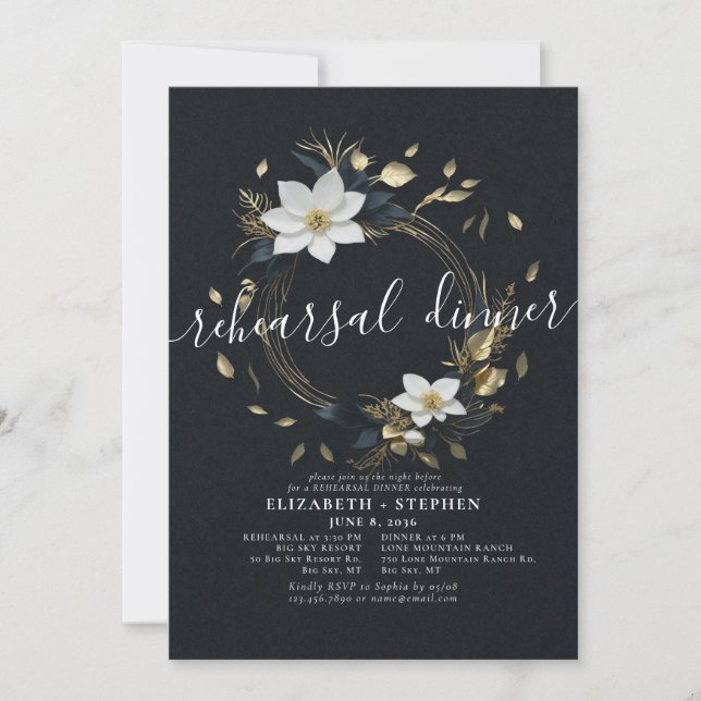 Invitación Cena de Boda de guirnaldas florales de oro blanco (Anverso)