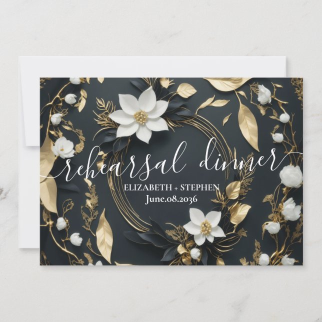 Invitación Cena de Boda de guirnaldas florales de oro blanco (Anverso)
