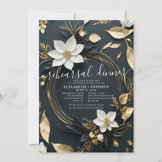 Invitación Cena de Boda de guirnaldas florales de oro blanco (Anverso)