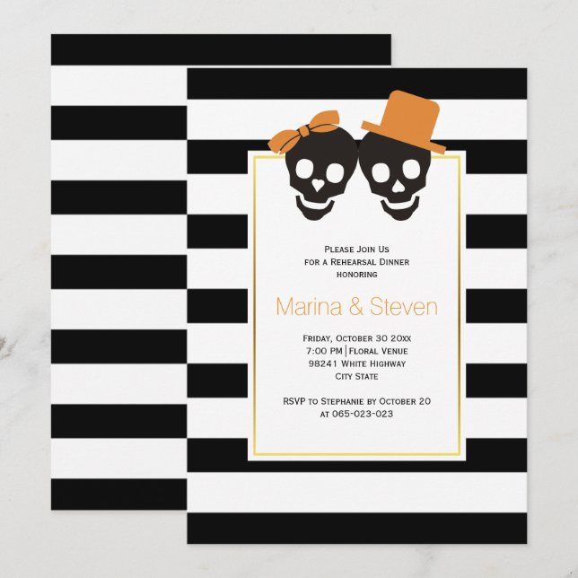 Invitación Cena de boda de Halloween de la pareja de cráneos (Anverso / Reverso)