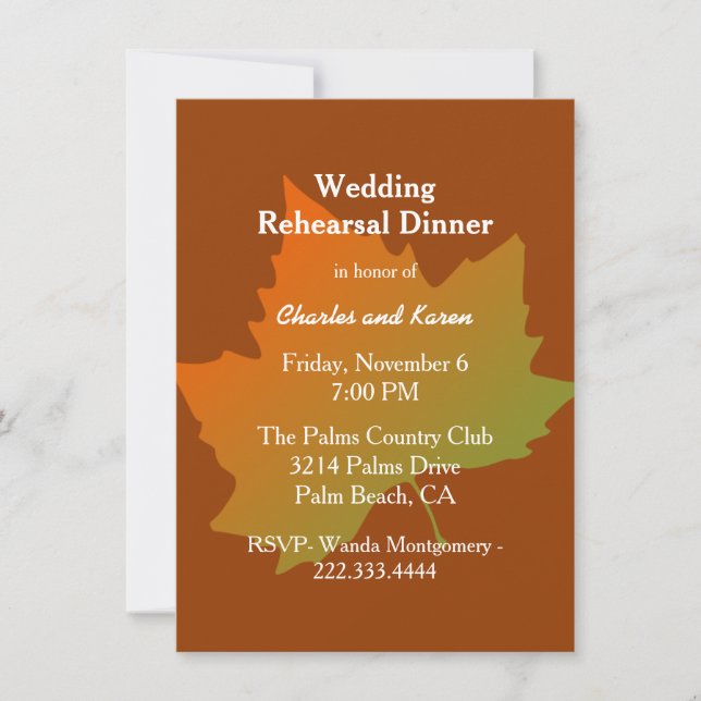Invitación Cena de Boda de hojas de otoño (Anverso)