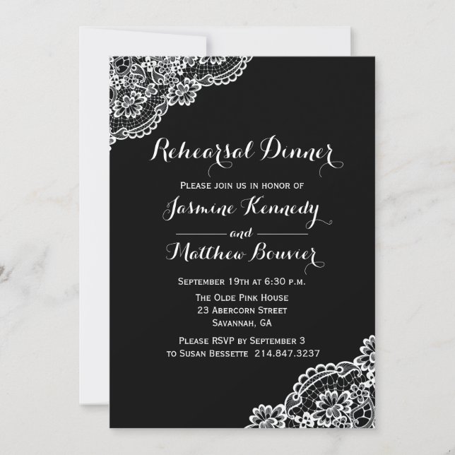 Invitación Cena De Boda De Lace Blanco Y Negro (Anverso)