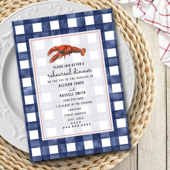Invitación Cena de Boda de Langosta Blue Gingham (Subido por el creador)