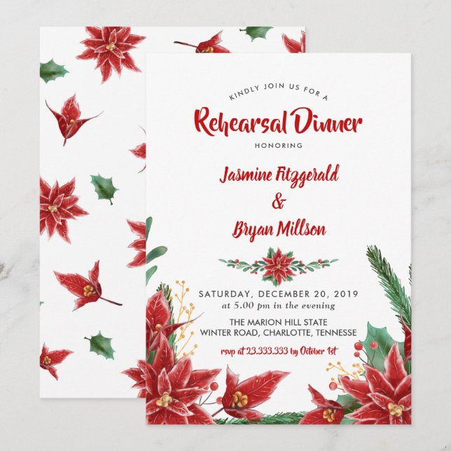 Invitación Cena de Boda de los Navidades de Poinsettia Roja (Anverso / Reverso)