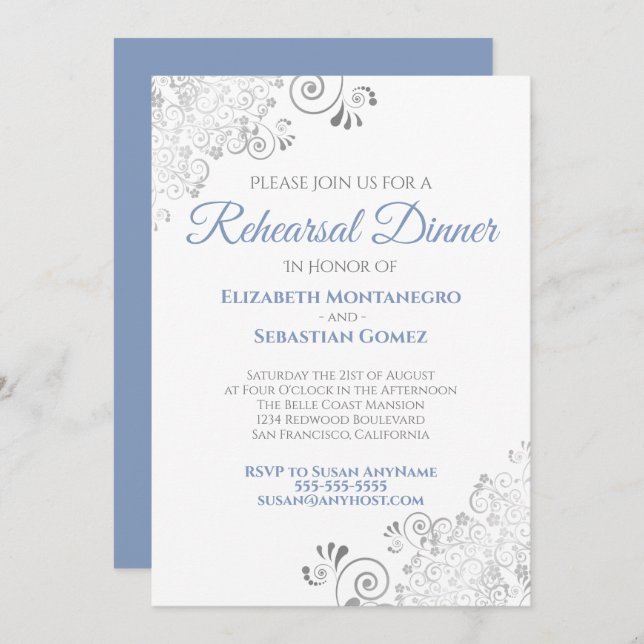 Invitación Cena de Boda de los rulos azules y grises (Anverso / Reverso)