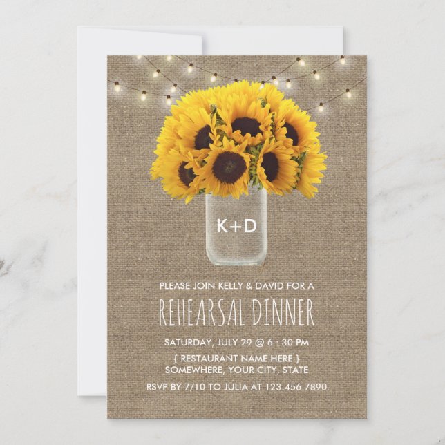 Invitación Cena de Boda de luces de girasol y cuerdas (Anverso)