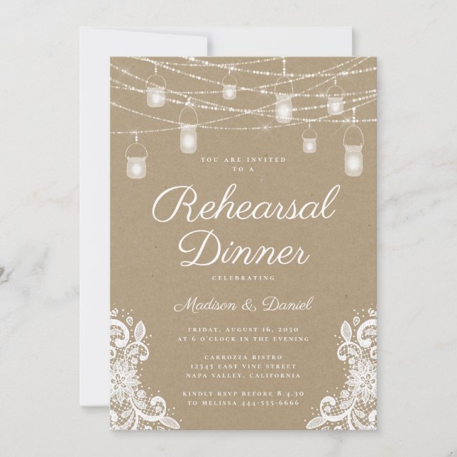 Invitación Cena de Boda de luces rusticas (Anverso)