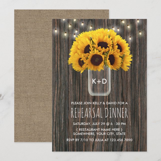 Invitación Cena de Boda de madera de cultivo de girasol (Anverso / Reverso)