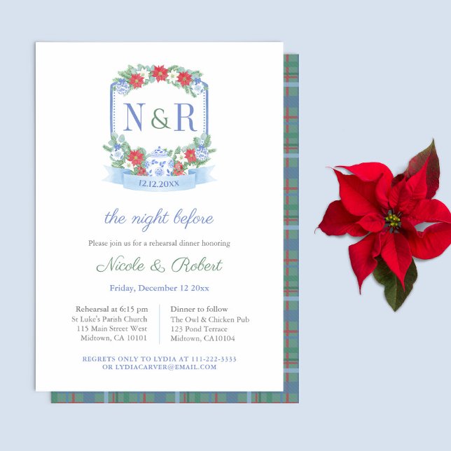 Invitación Cena de Boda de Navidades clásicos (Wedding welcome or rehearsal dinner invitation for a Christmas Holidays wedding.)