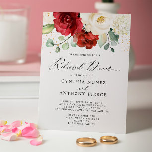 Invitación Cena de Boda de oro rojo blanco floral