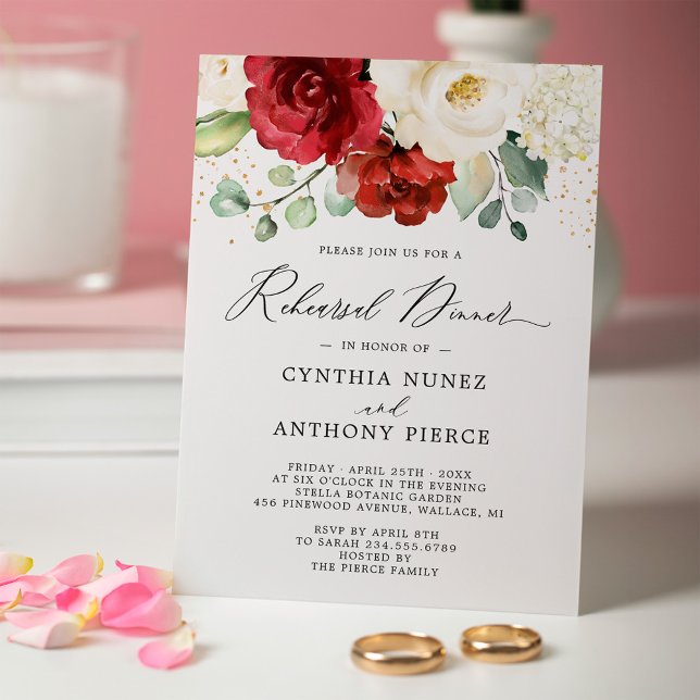 Invitación Cena de Boda de oro rojo blanco floral (Subido por el creador)