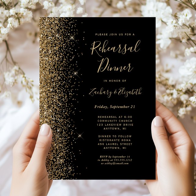 Invitación Cena de Boda de Purpurina de oro negro (Subido por el creador)