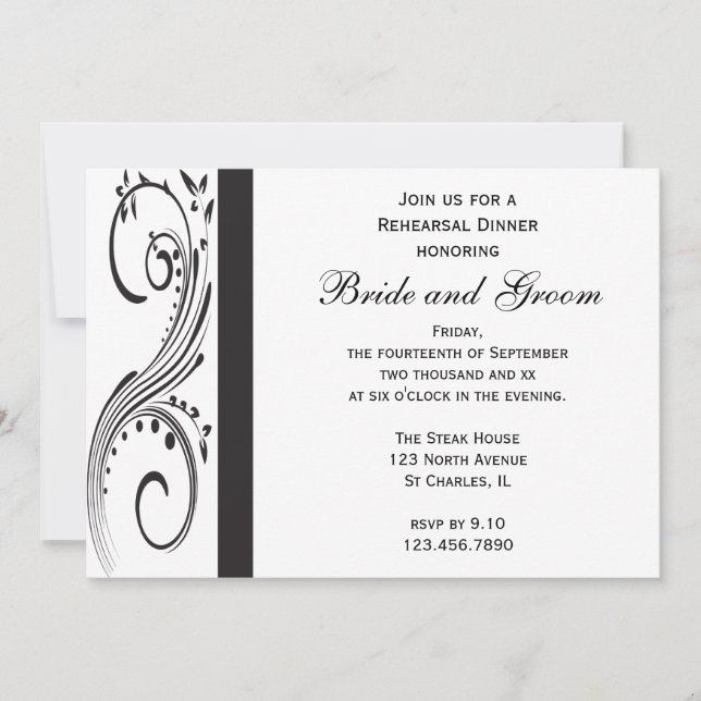 Invitación Cena de Boda de Swirls en blanco y negro (Anverso)