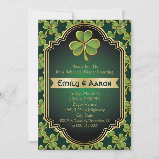 Invitación Cena de boda de trébol de oro, verde, irlandés (Anverso)