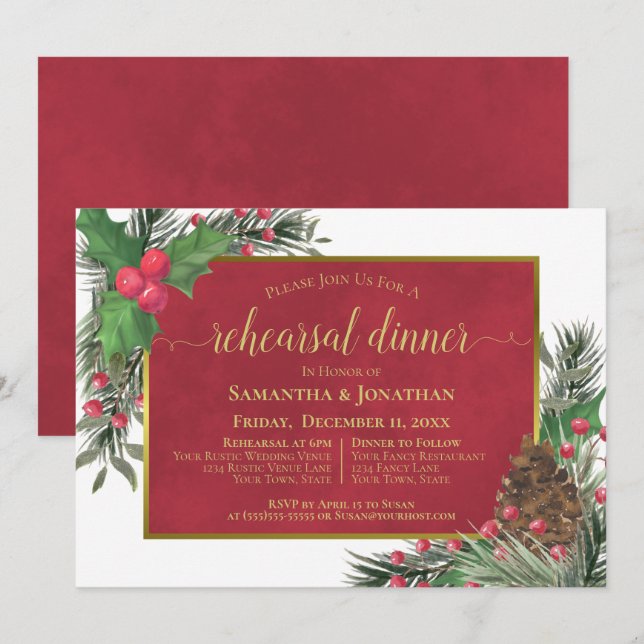 Invitación Cena de Boda de vacaciones Holly y Pine (Anverso / Reverso)