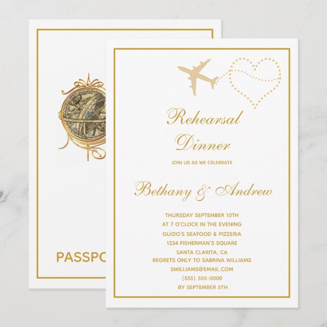 Invitación Cena de Boda de viajes de oro blanco (Anverso / Reverso)