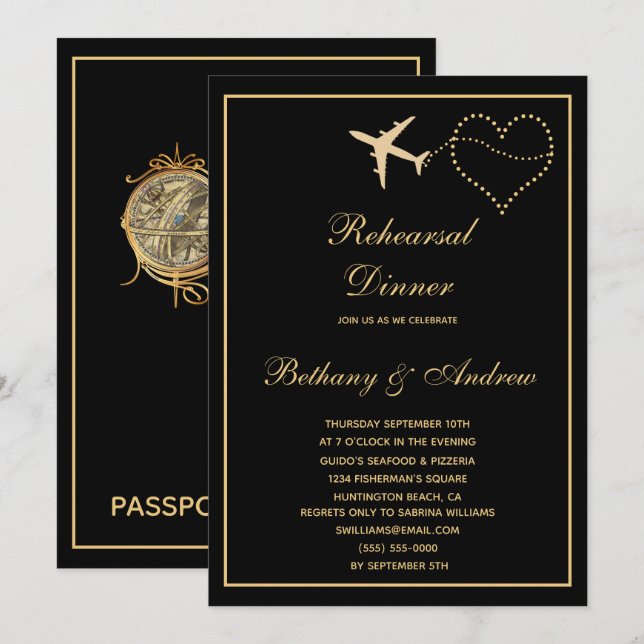 Invitación Cena de Boda de viajes de oro negro (Anverso / Reverso)