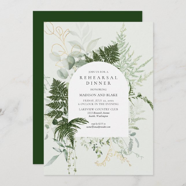 Invitación Cena de Boda del bosque de Wild Fern Greenery (Anverso / Reverso)