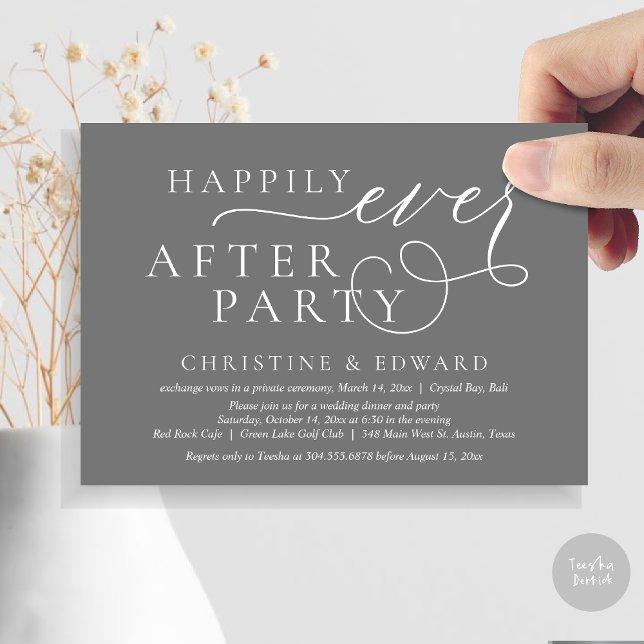 Invitación Cena de boda Elopement, feliz siempre después del  (Wedding Elopement Dinner, Happily Ever After Party Invitation Card, PDF, in Dark Grey)
