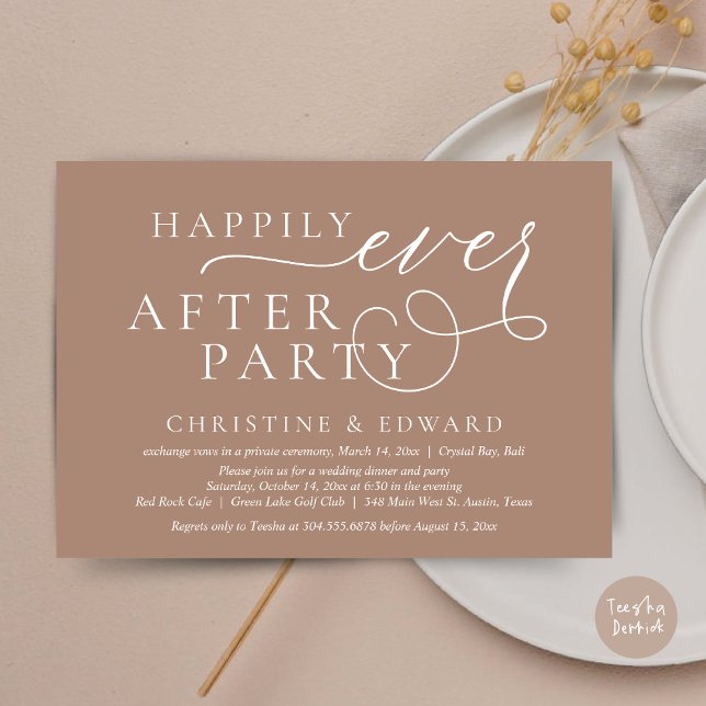 Invitación Cena de boda Elopement, feliz siempre después del  (Wedding Elopement Dinner, Happily Ever After Party Invitation Card, PDF, in taupe)
