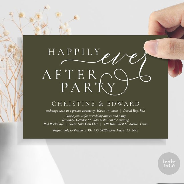 Invitación Cena de boda Elopement, feliz siempre después del  (Wedding Elopement Dinner, Happily Ever After Party Invitation Card, PDF, in Olive Green)
