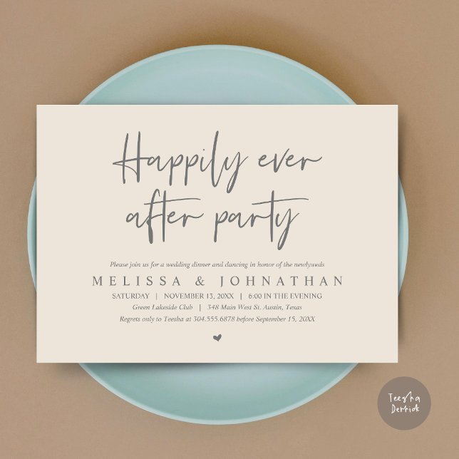 Invitación Cena de boda Elopement, felizmente después de Fies (Wedding Elopement Dinner, Happily Ever after Party Invitation Card, PDF, in Dark Grey Cream)